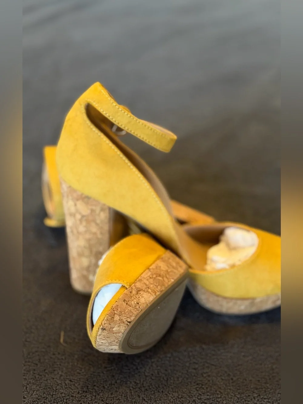 Sun + Stone Yellow Suede Cork Platform Heels - Picture 5 of 6